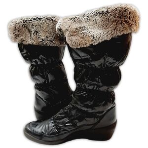 PAJAR Winter Snow Tall Boots Puffer Quilted Wedge Faux Fur Trim Black 8.5 Flaw